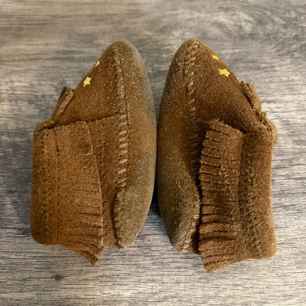 Minnetonka Brown Suede Leather Fringed Baby Booties Yellow Stars Size 3 Infant